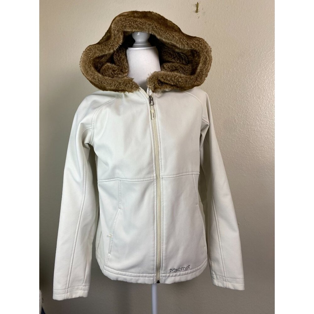 Marmot Furlong Jacket Size Large White Fleece Lined Faux fur Hood Penny‎ Lane